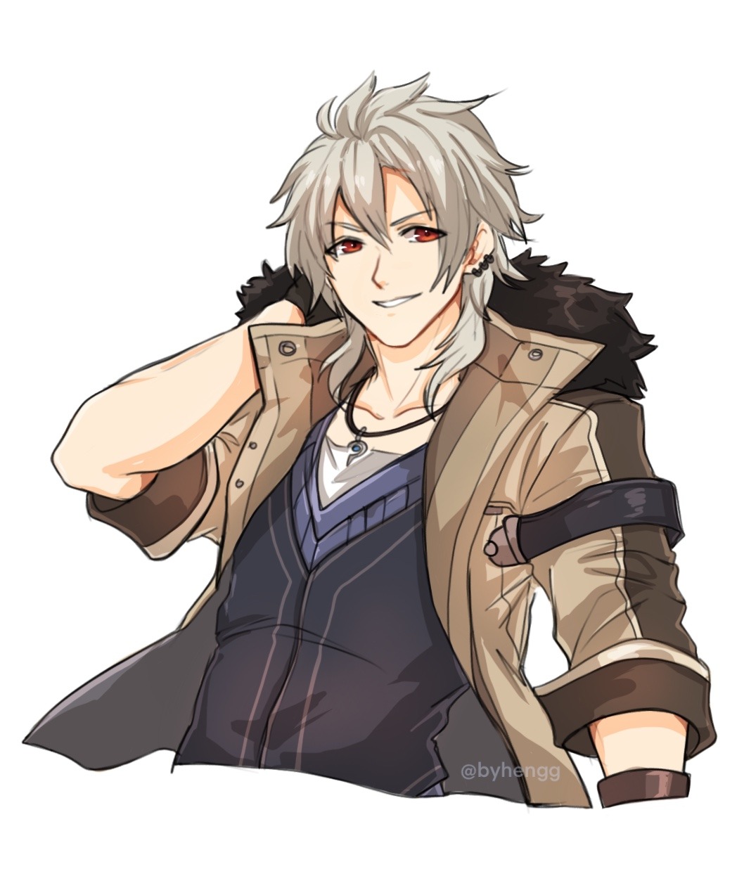 1boy coat commission crow_armbrust double-parted_bangs ear_piercing eiyuu_densetsu english_commentary fur_collar hair_between_eyes highres jewelry necklace piercing portrait red_eyes sen_no_kiseki sen_no_kiseki_iv sierra117renner simple_background smile transparent_background upper_body white_hair