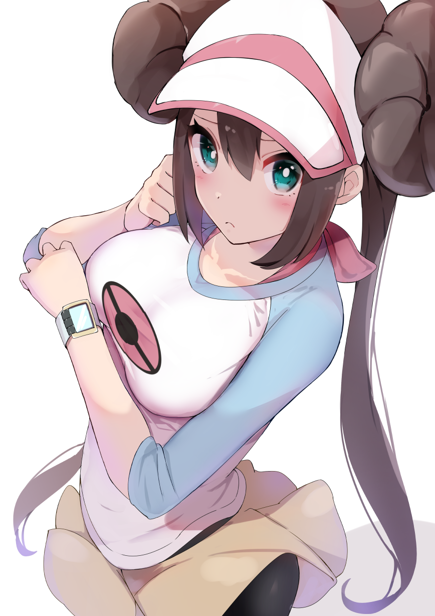 1girl aqua_eyes black_pantyhose blue_eyes blush breasts bright_pupils brown_hair closed_mouth collarbone double_bun doughnut_hair_bun from_above frown hair_bun highres large_breasts long_hair long_sleeves looking_at_viewer medium_breasts miniskirt pantyhose pantyhose_under_shorts pokemon racket_ti1 raglan_sleeves rosa_(pokemon) shirt shorts simple_background skirt solo taut_clothes taut_shirt twintails visor_cap watch white_background wind wind_lift yellow_shorts