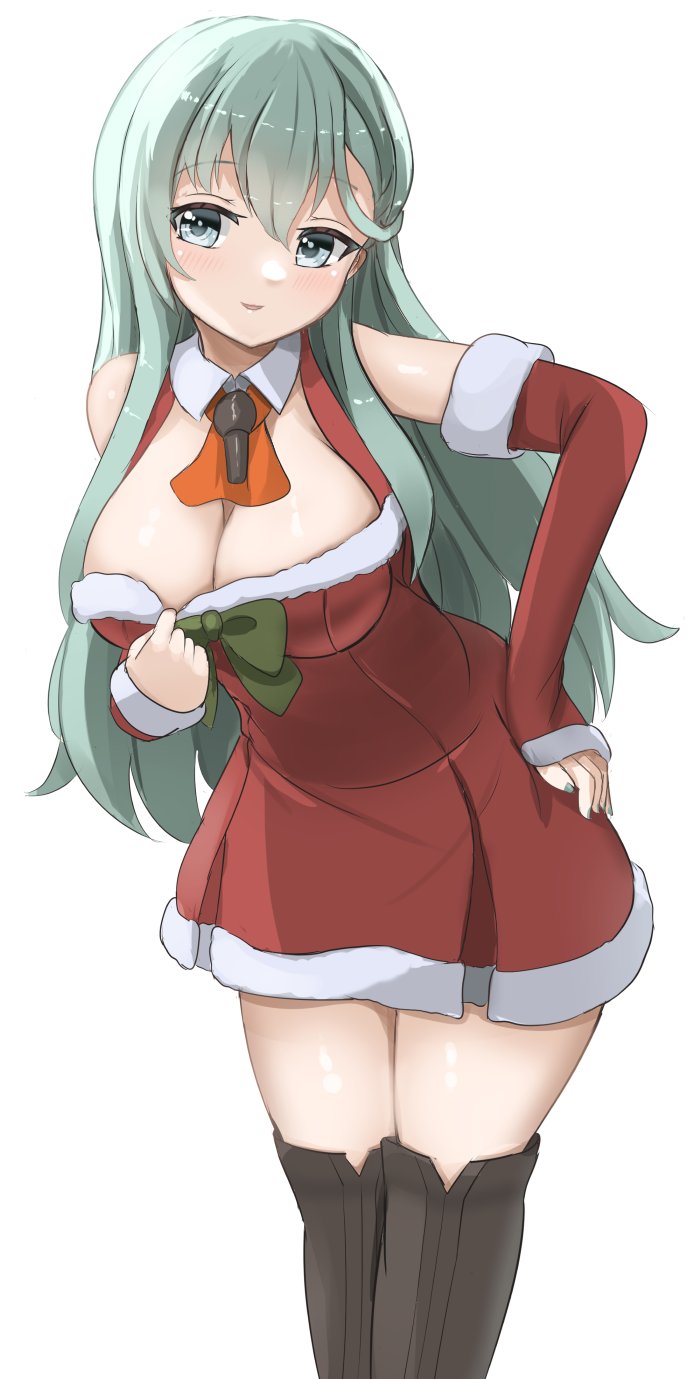 1girl aqua_eyes aqua_hair bare_shoulders blush breasts brown_thighhighs christmas christmas_tree_hair_ornament cowboy_shot detached_sleeves dress fur-trimmed_dress fur_trim hair_between_eyes hair_ornament hairclip hand_on_own_hip highres kantai_collection large_breasts long_hair looking_at_viewer red_dress redundant-cat santa_dress smile solo suzuya_(kancolle) thighhighs