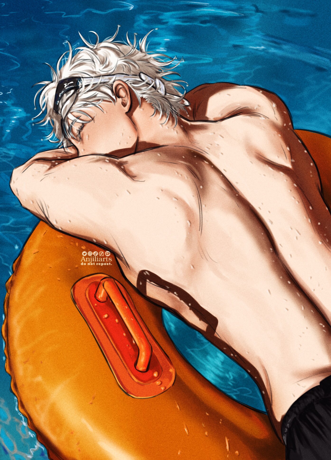 1boy anjiliarts back bare_back black_male_swimwear buoy closed_eyes english_commentary goggles goggles_on_head gojou_satoru highres jujutsu_kaisen lying male_focus male_swimwear messy_hair muscular muscular_male on_stomach pool shadow solo summer swim_trunks topless_male water water_drop wet wet_hair white_hair