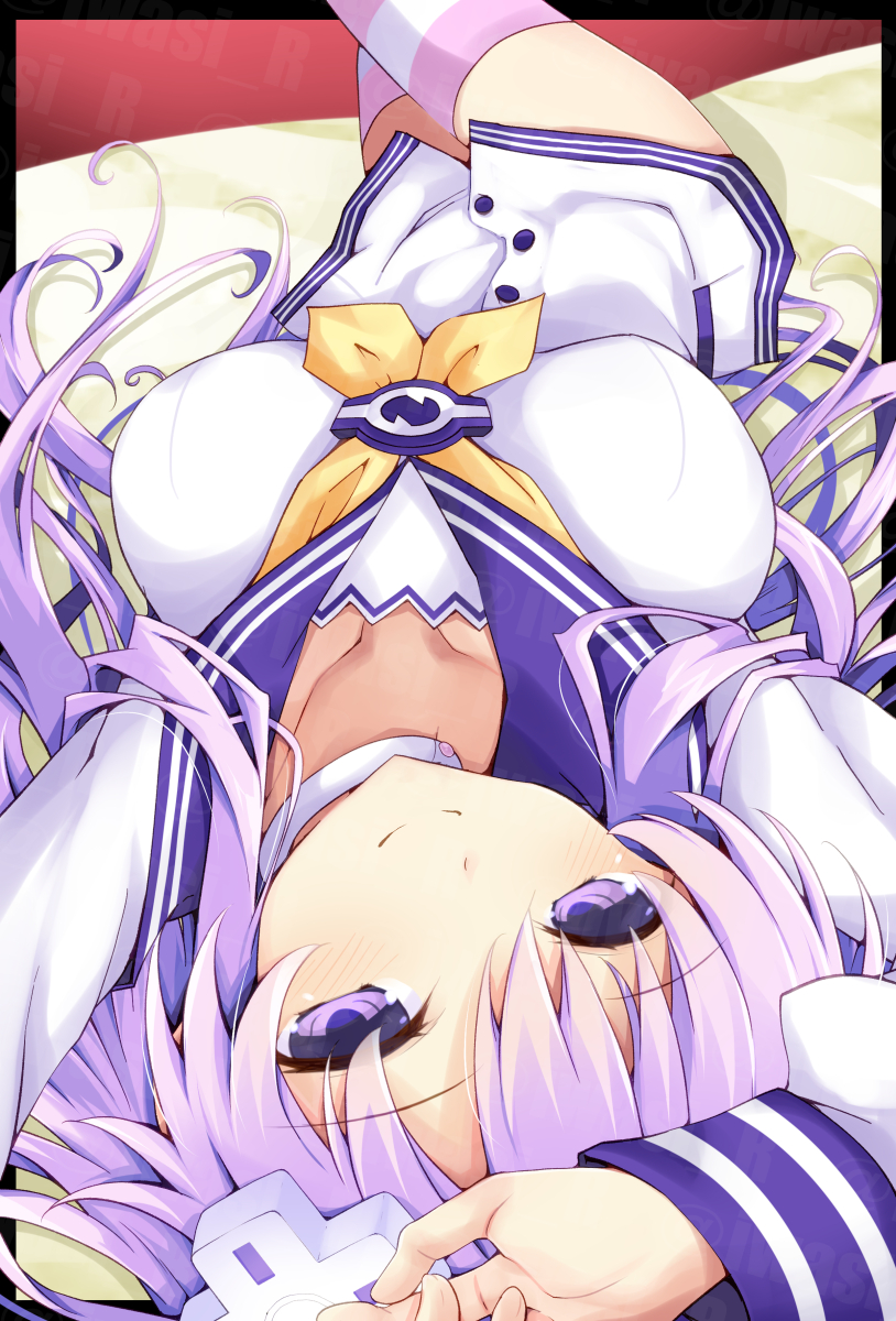 1girl arms_behind_head arms_up breasts choker choujigen_game_neptune collarbone commentary_request d-pad d-pad_hair_ornament dress from_above hair_ornament highres impossible_clothes impossible_dress iwashi_dorobou_-r- large_breasts light_blush long_hair long_sleeves looking_at_viewer lying neckerchief nepgear neptune_(series) on_back on_bed pink_thighhighs purple_eyes purple_hair sailor_dress smile solo split_mouth striped striped_thighhighs thighhighs upside-down white_choker white_thighhighs yellow_neckerchief