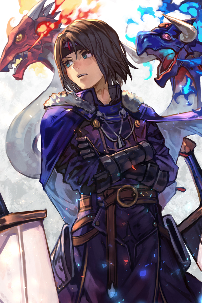 1boy ashton_anchors blue_fire brown_hair cape crossed_arms dragon fire fur-trimmed_cape fur_trim gauntlets green_eyes headband hungry_clicker looking_to_the_side male_focus multiple_swords parted_lips short_hair solo_focus standing star_ocean star_ocean_the_second_story white_background