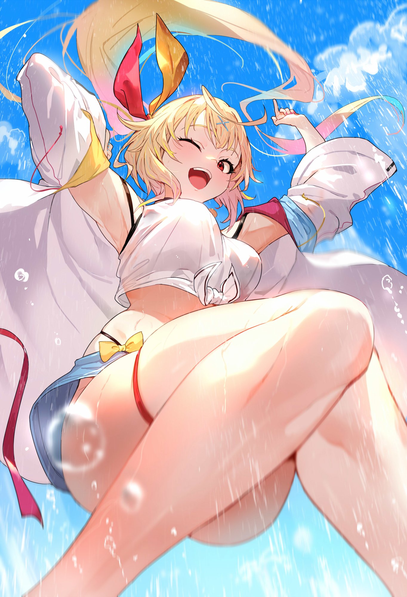 1girl :d armpits blonde_hair blue_sky bow bowtie breasts day hair_ornament hair_ribbon heterochromia highres hoshikawa_sara jacket kakage knees long_hair medium_breasts midriff nijisanji red_eyes ribbon side_ponytail sidelocks sky smile solo thigh_strap thighs virtual_youtuber water_drop wet wet_clothes white_jacket yellow_bow yellow_bowtie