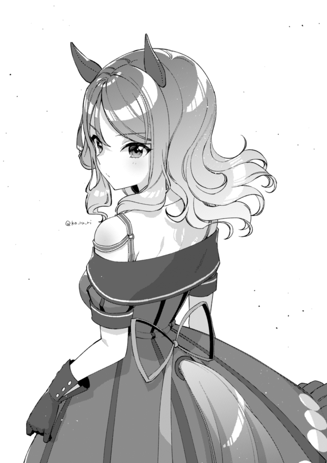 1girl animal_ears bangs commentary_request dress duplicate from_behind gloves greyscale horse_ears horse_girl horse_tail king_halo_(umamusume) koruri long_hair looking_away looking_to_the_side monochrome off-shoulder_dress off_shoulder pixel-perfect_duplicate simple_background solo swept_bangs tail tail_through_clothes twitter_username umamusume wavy_hair white_background