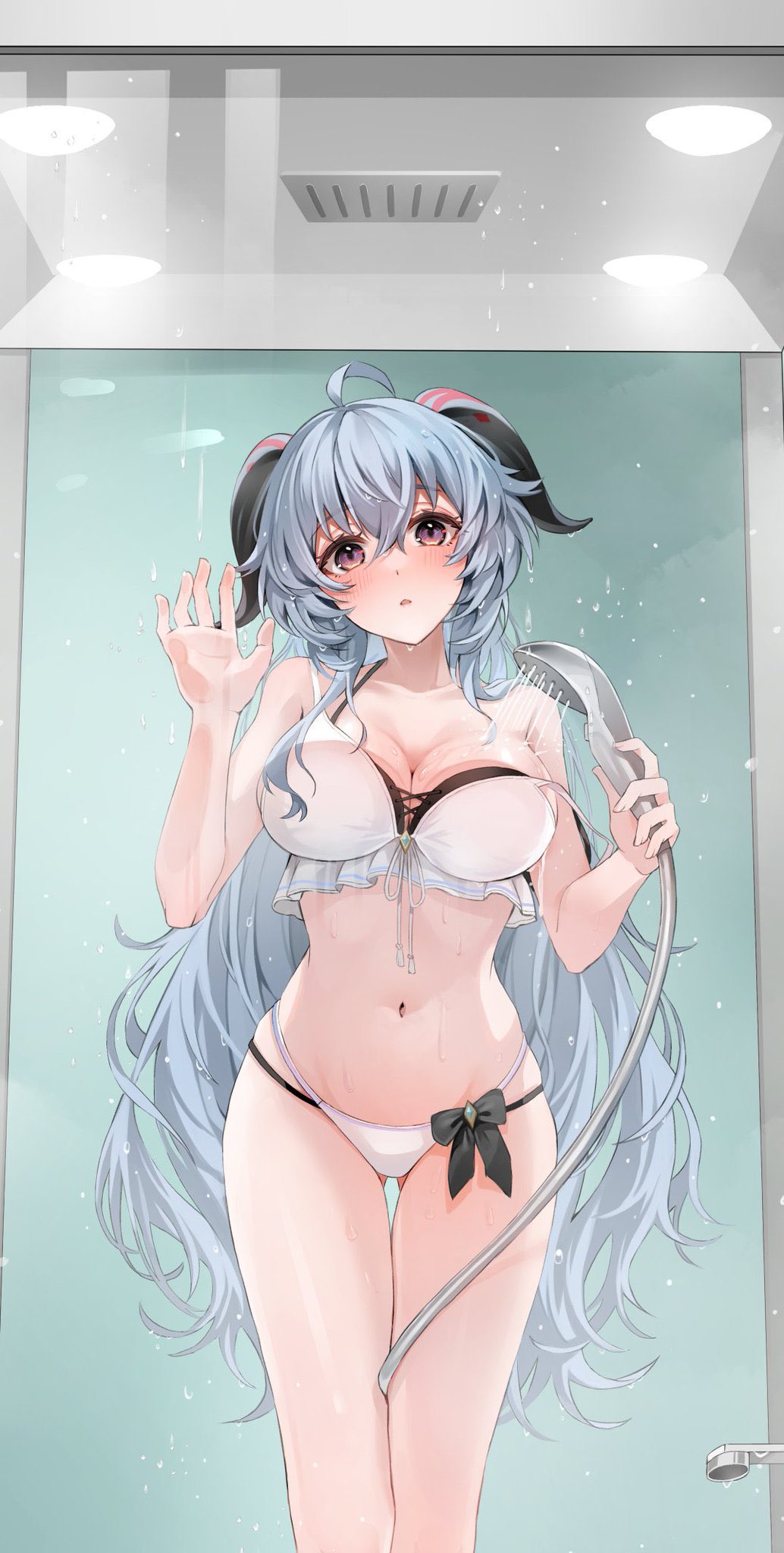 1girl against_glass ahoge ass_visible_through_thighs bare_shoulders between_legs bikini black_bikini blue_hair blush breasts ceiling_light cleavage collarbone condensation ganyu_(genshin_impact) genshin_impact goat_horns grate hair_between_eyes hand_on_glass highres holding holding_shower_head horns large_breasts layered_bikini long_hair looking_at_viewer moguta_(moguta9) navel off_shoulder parted_lips purple_eyes shower_(place) shower_head showering solo standing steam stomach strap_slip swimsuit thigh_gap thighs vent_(object) very_long_hair wet white_bikini