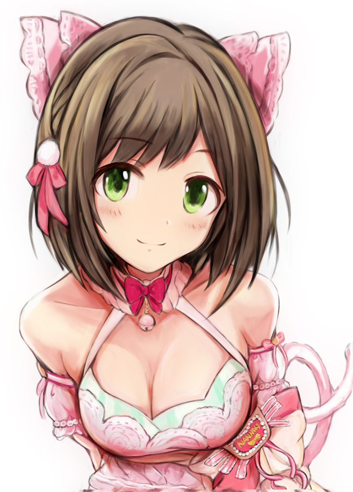 1girl arms_behind_back bare_shoulders bell bow bowtie breasts brown_hair cat_tail cleavage closed_mouth collar collarbone detached_collar detached_sleeves dress green_eyes hair_bow hair_ribbon idolmaster idolmaster_cinderella_girls jingle_bell leaning_forward light_blush looking_at_viewer maekawa_miku medium_breasts medium_hair nannacy7 neck_bell off-shoulder_dress off_shoulder pink_bow pink_collar pink_dress pink_sleeves red_bow red_bowtie red_ribbon ribbon short_sleeves simple_background smile solo swept_bangs tail upper_body white_background