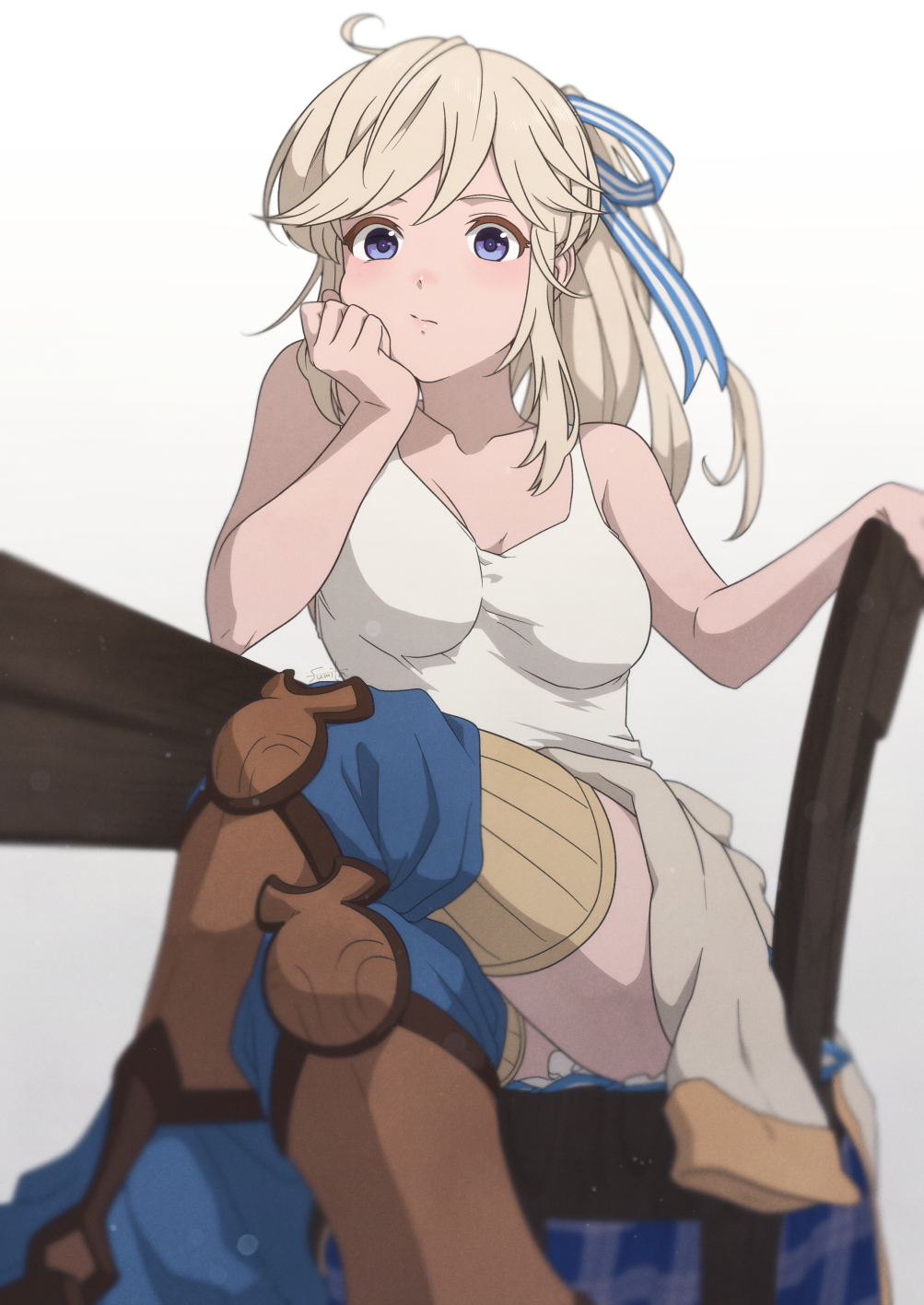 1girl bare_shoulders blonde_hair blurry breasts breasts_apart chair closed_mouth clothes_around_waist crossed_legs cucouroux_(granblue_fantasy) depth_of_field elbow_rest feet_out_of_frame granblue_fantasy hair_ribbon highres impossible_clothes light_blush long_hair looking_at_viewer medium_breasts mifuta ponytail purple_eyes ribbon shirt signature sitting solo table tank_top thighhighs watermark white_background white_shirt