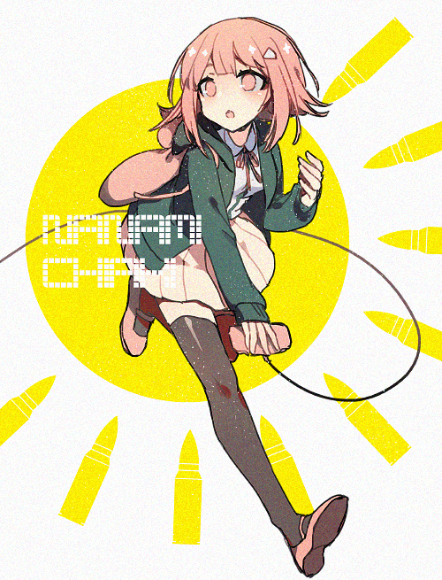 1girl :o alternate_hair_ornament backpack bag breasts brown_hair collared_shirt controller danganronpa_(series) danganronpa_2:_goodbye_despair flipped_hair hair_ornament holding holding_controller hood jacket long_sleeves medium_hair miniskirt nanami_chiaki neck_ribbon open_clothes open_jacket pa_zi_dinglu pink_eyes pleated_skirt ribbon shirt skirt solo thighhighs triangle_hair_ornament white_background white_shirt yellow_background