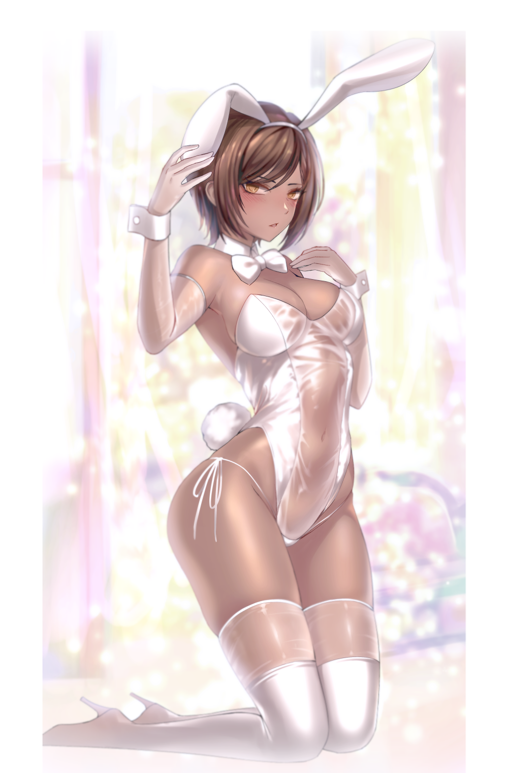 1girl blush boots bow bowtie breasts brown_hair character_request dark-skinned_female dark_skin detached_collar dolsig_ilangnolja elbow_gloves full_body gloves high_heel_boots high_heels highres kneeling limbus_company medium_breasts navel orange_eyes panties playboy_bunny project_moon see-through side-tie_panties skindentation solo string_panties thigh_boots underwear wrist_cuffs