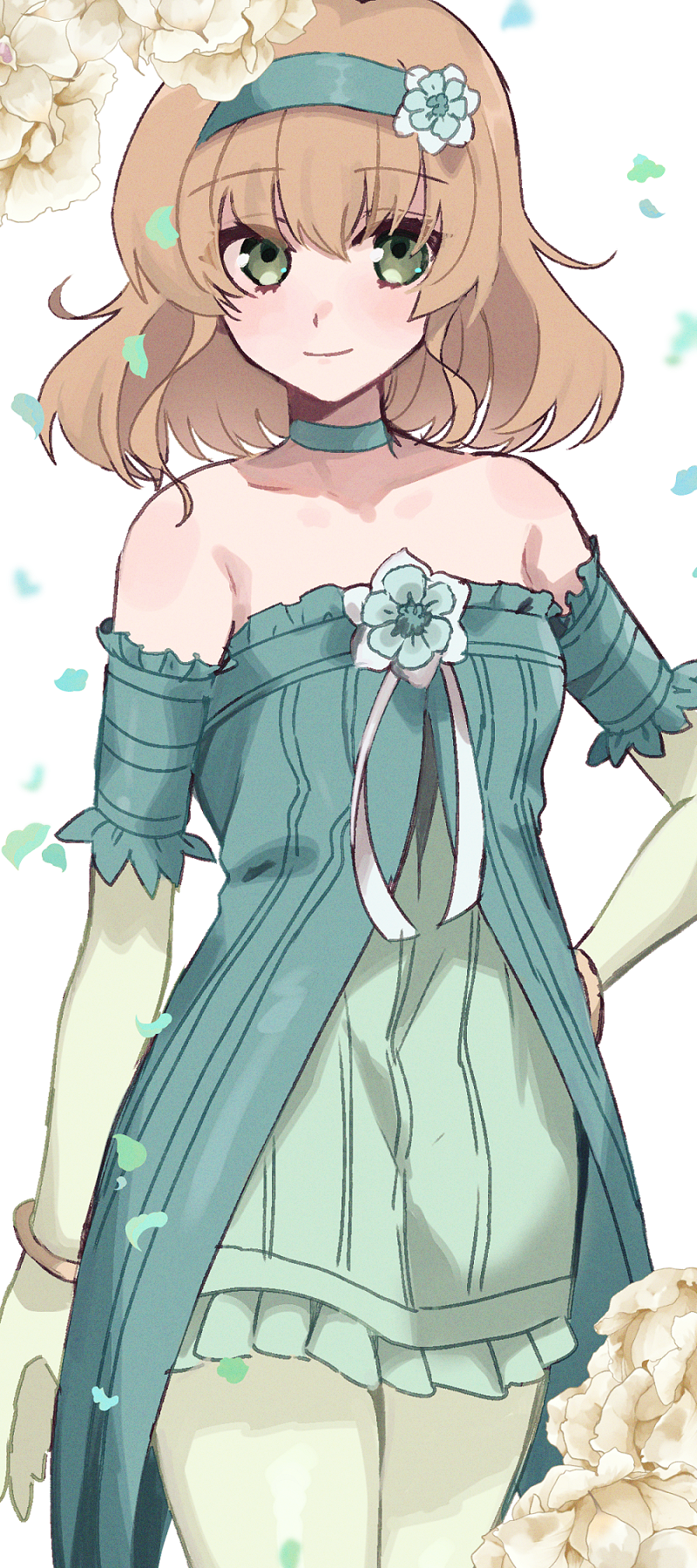 1girl aomattya aqua_choker aqua_dress aqua_hairband bangle bare_shoulders blonde_hair blue_flower blunt_bangs bracelet closed_mouth collarbone cowboy_shot dress elbow_gloves falling_petals flower frilled_skirt frills gloves green_eyes hair_flower hair_ornament hairband hand_on_own_hip highres jewelry light_blush looking_at_viewer natalia_luzu_kimlasca_lanvaldear official_alternate_costume pantyhose petals short_hair skirt smile solo strapless strapless_dress tales_of_(series) tales_of_the_abyss white_background