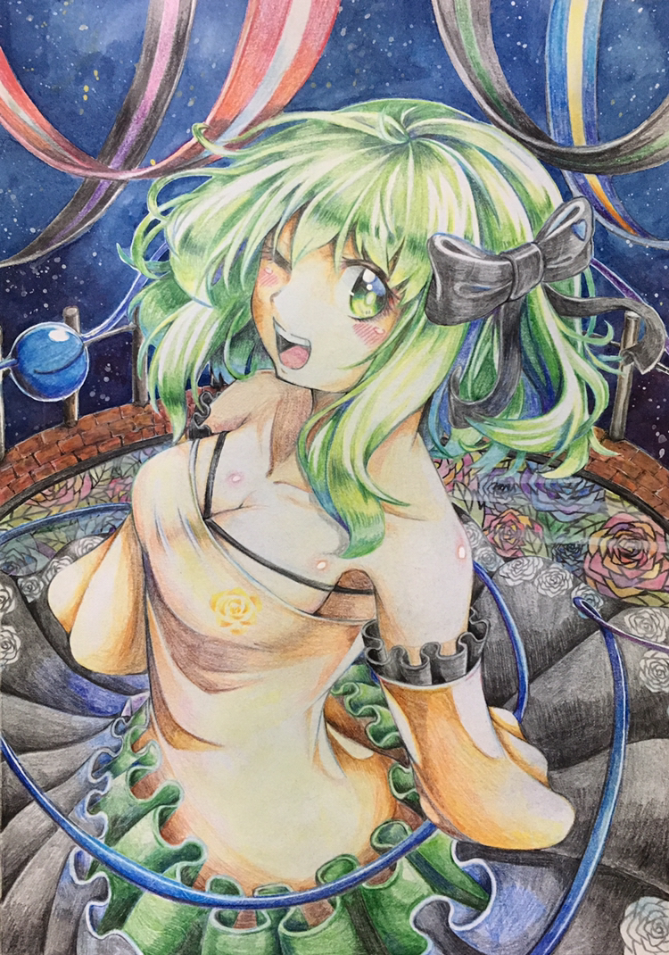 1girl 283win ;d acrylic_paint_(medium) adapted_costume bare_shoulders black_bow bow colored_pencil_(medium) commentary_request floral_print frilled_skirt frills green_eyes green_hair green_skirt hair_bow komeiji_koishi medium_hair one_eye_closed open_mouth painting_(medium) rose_print shikishi shirt sidelocks skirt smile solo third_eye touhou traditional_media upper_body watercolor_pencil_(medium) yellow_shirt