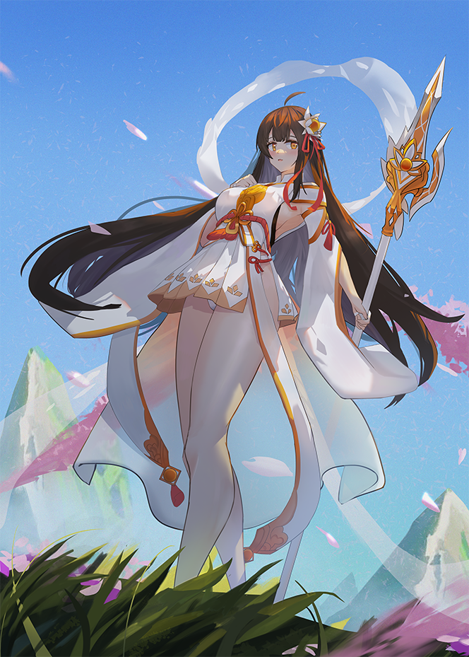 1girl ahoge apsara_(elsword) ara_haan armpits bare_legs barefoot black_hair blue_sky blush breasts cherry_blossoms cloth day detached_sleeves elsword flower grass hair_flower hair_ornament hair_ribbon holding holding_polearm holding_weapon long_hair looking_at_viewer mountain open_mouth outdoors panties pantyshot polearm polearm_behind_back purple_flower recycle red_ribbon ribbon sideboob skirt sky solo spear standing tassel underwear very_long_hair weapon white_flower white_panties yellow_eyes