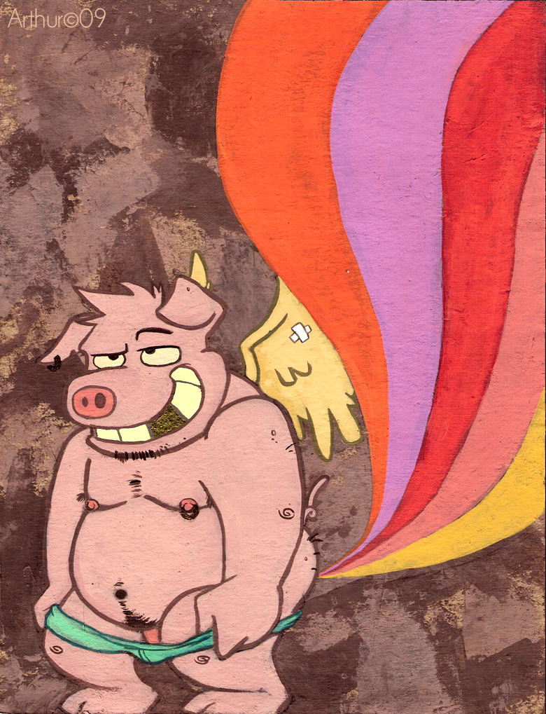 anthro bandage barefoot body_hair briefs briefs_only brown_background clothed clothing clothing_pull detailed_background domestic_pig ear_piercing eyebrows feet genitals green_briefs green_clothing green_underwear male mammal missing_tooth nipple_piercing nipples overweight overweight_male penis piercing pink_body pink_nose pink_penis pink_skin rainbow_colors raised_eyebrow rthur simple_background smile solo suid suina sus_(pig) topless underwear underwear_only underwear_pull wings yellow_sclera yellow_teeth