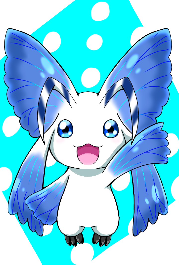1other blue_eyes bug butterfly digimon digimon_(creature) full_body looking_at_viewer morphomon open_mouth solo user_fmky2322 waving wings