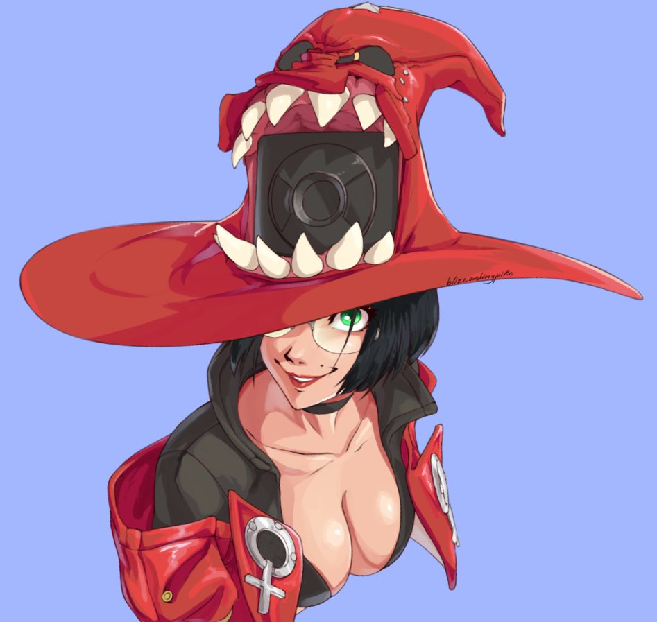 1girl black_hair blizzardingpike breasts cleavage green_eyes grin guilty_gear guilty_gear_strive hat i-no large_breasts looking_at_viewer mole mole_above_mouth red_headwear red_leather red_lips short_hair smile upper_body venus_symbol witch_hat