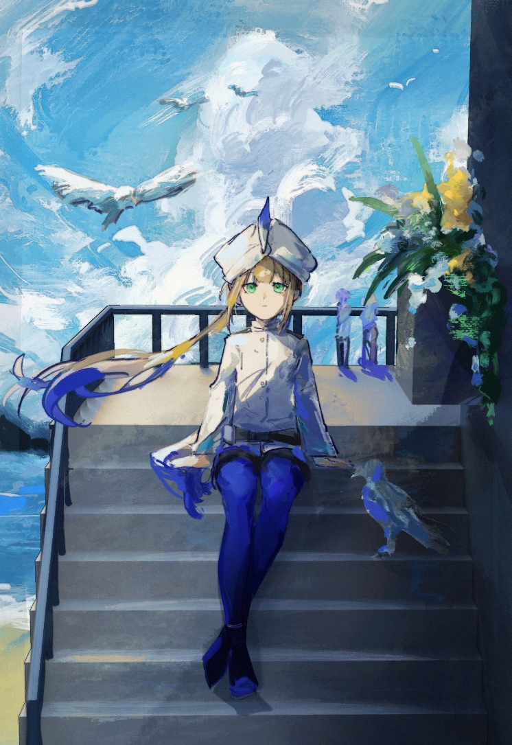 1boy 2others arm_support belt bird black_shorts blonde_hair blue_hair blue_pantyhose blue_sky captain_nemo_(fate) character_request chinese_commentary closed_mouth cloud cloudy_sky crossed_ankles cumulonimbus_cloud expressionless fate/grand_order fate_(series) floating_hair green_eyes hat_feather jacket jiandao_shou_victory long_sleeves looking_at_viewer low_twintails multiple_others nemo_(fate) ocean outdoors painterly pantyhose pantyhose_under_shorts seagull shade short_shorts shorts simple_bird sitting sitting_on_stairs sky solo_focus stairs turban twintails white_headwear white_jacket