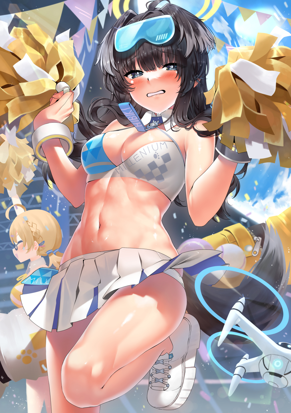 2girls animal_ears bare_arms bare_shoulders black_hair blonde_hair blue_archive blush breasts bright_pupils character_request cheerleader commentary_request day dog_ears drone embarrassed goggles goggles_on_head grey_eyes halo hibiki_(blue_archive) hibiki_(cheer_squad)_(blue_archive) highres holding holding_pom_poms kawai_(purplrpouni) large_breasts long_hair looking_at_viewer miniskirt multiple_girls navel outdoors parted_lips pleated_skirt pom_pom_(cheerleading) pom_pom_(clothes) shoes skirt solo_focus stomach thighs two-tone_skirt white_footwear white_pupils yellow_halo