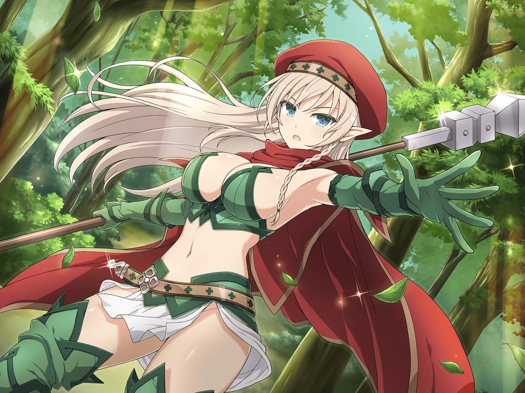 1girl alleyne_(queen's_blade) belt beret blonde_hair blue_eyes boots bra breasts brown_belt cape cleavage crossover day elbow_gloves forest gloves green_bra green_footwear green_gloves hat holding holding_polearm holding_weapon large_breasts long_hair looking_at_viewer nature navel official_art open_mouth outdoors pointy_ears polearm queen's_blade red_cape red_headwear senran_kagura senran_kagura_new_link solo thigh_boots tree underwear weapon white_loincloth