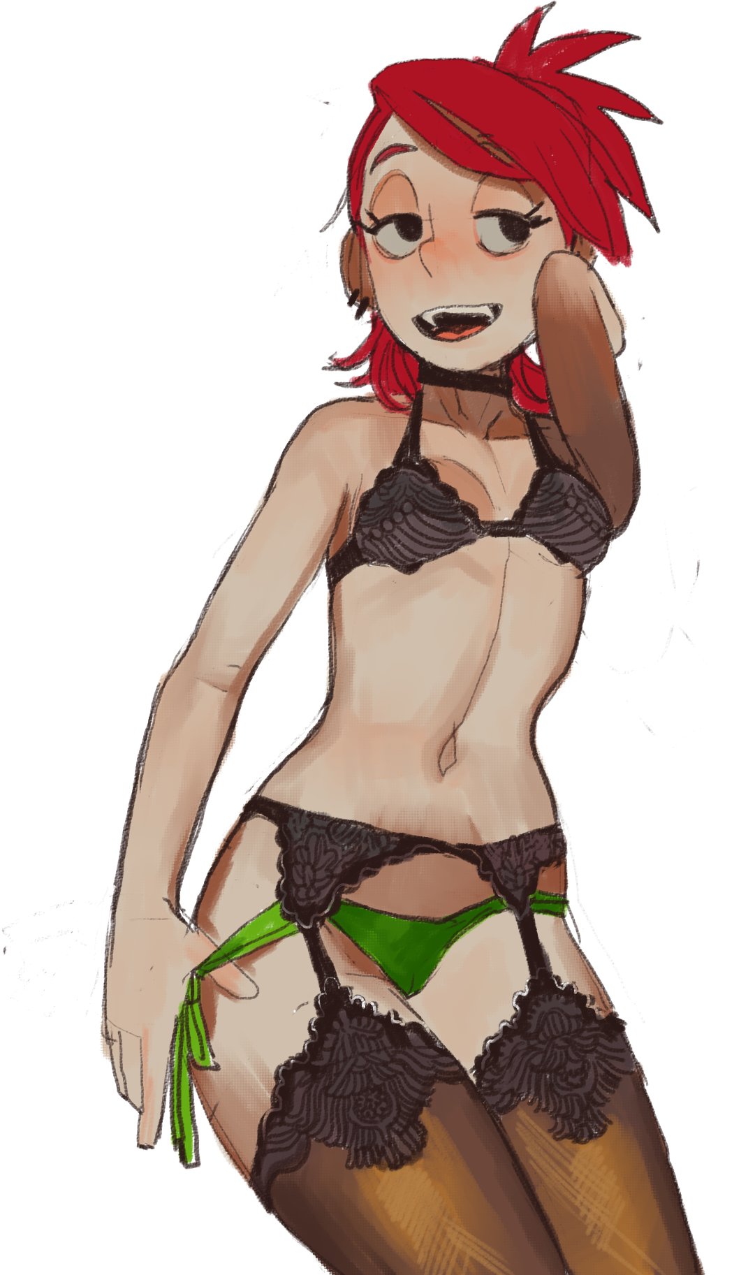 1girl black_bra bra breasts brown_thighhighs cowboy_shot foster's_home_for_imaginary_friends frankie_foster garter_belt garter_straps green_panties highres medium_hair mossacannibalis navel panties panty_tug ponytail red_hair simple_background small_breasts solo thighhighs underwear underwear_only white_background