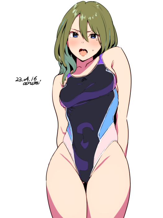 1girl artist_name baba_arumi bare_shoulders blue_eyes breasts competition_swimsuit dated green_hair groin long_hair mole mole_under_eye one-piece_swimsuit open_mouth original simple_background solo swimsuit teeth tongue white_background