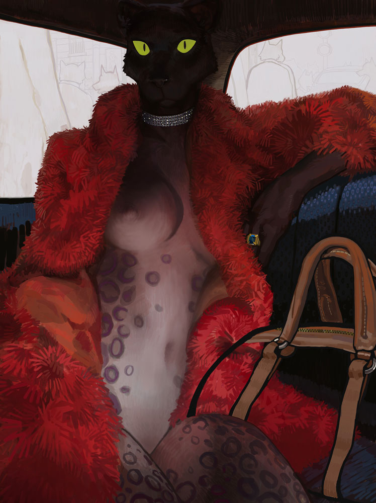 2020 4:3 anthro big_breasts breasts car choker clothed clothing coat dark_lighting digital_drawing_(artwork) digital_media_(artwork) digital_painting_(artwork) felid feline female fur fur_coat furstang green_eyes grey_body inside_car jewelry leopard leopard_spots looking_at_viewer low_lighting mammal necklace pantherine partially_clothed portrait purse red_clothing red_coat red_topwear ring ring_(jewelry) shaded solo spots three-quarter_portrait topwear vehicle