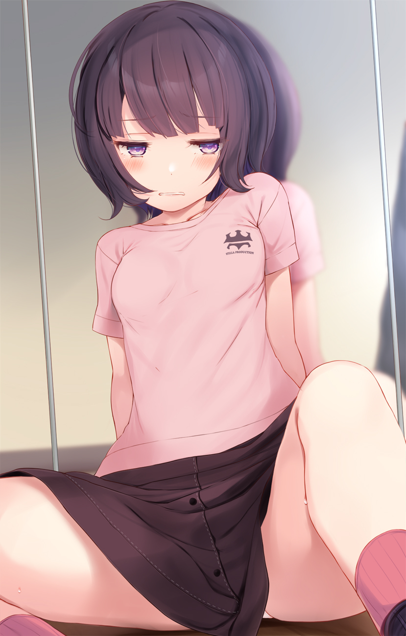 1girl 1other arms_at_sides averting_eyes black_hair black_skirt blunt_bangs blush breasts button_up_skirt buttons collarbone commentary_request d: feet_out_of_frame furrowed_brow half-closed_eyes highres indoors komone_ushio logo mirror on_floor original panties pantyshot parted_lips pink_shirt pink_socks purple_eyes reflection ribbed_socks scowl shirt short_hair short_sleeves sitting skirt small_breasts socks sweatdrop taut_clothes taut_shirt teeth thighs underwear white_panties