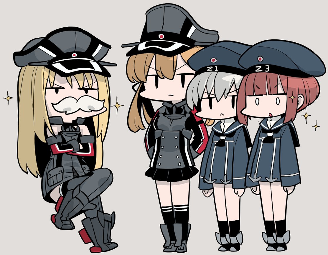 :&lt; arms_behind_back bismarck_(kancolle) black_socks black_thighhighs blonde_hair blue_dress blue_sailor_collar blunt_bangs chibi closed_mouth commentary crossed_arms dress fake_facial_hair fake_mustache grey_background grey_hair hair_ribbon hat kantai_collection kneehighs long_hair long_sleeves military_hat military_uniform monaka_ooji multiple_girls parted_lips peaked_cap pleated_skirt prinz_eugen_(kancolle) ribbon sailor_collar sailor_dress short_dress short_hair simple_background skirt socks sparkle standing thighhighs uniform z1_leberecht_maass_(kancolle) z3_max_schultz_(kancolle)