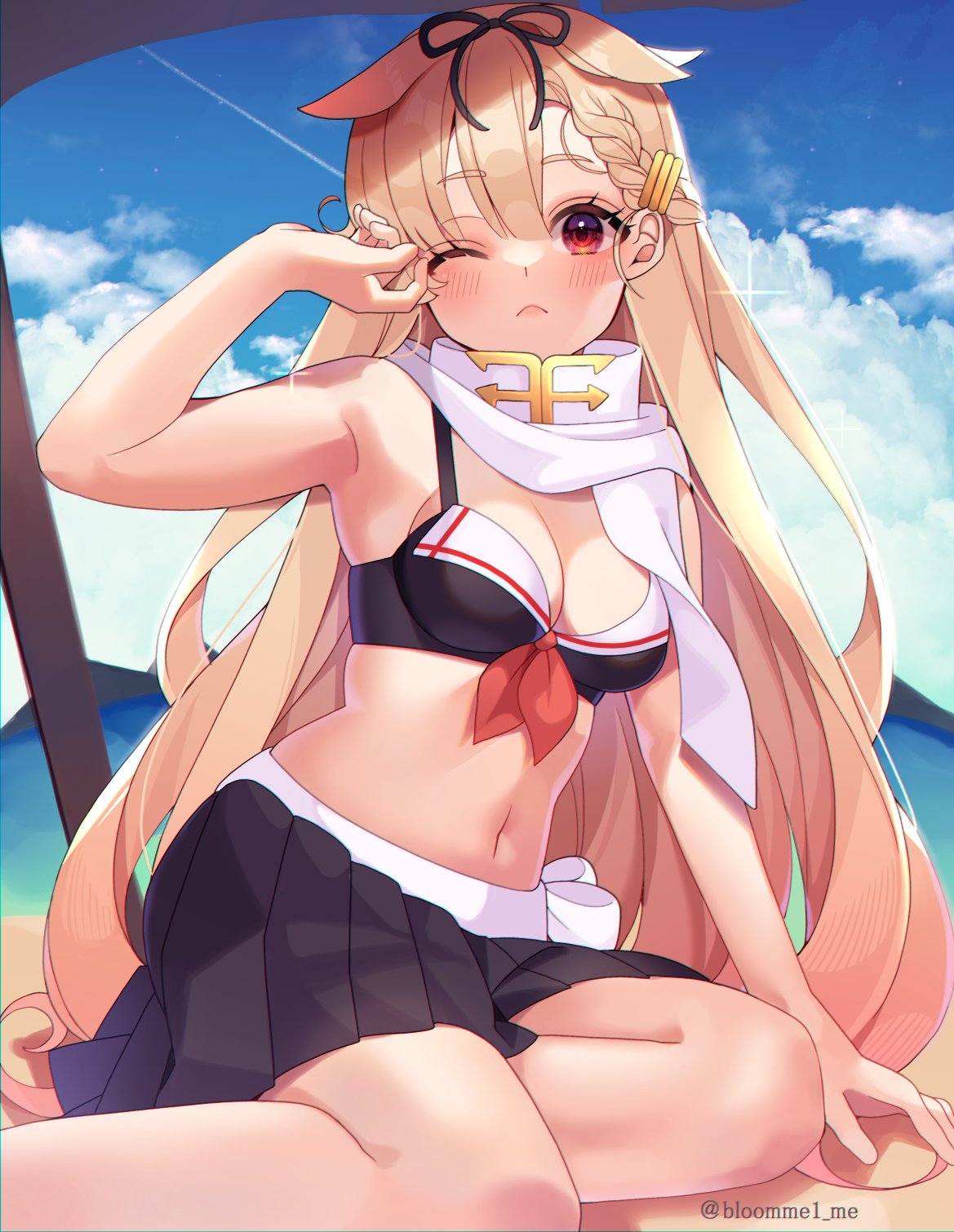 1girl adapted_costume bikini bikini_skirt black_bikini black_ribbon black_skirt blonde_hair braid braided_bangs breasts commentary_request front-tie_bikini_top front-tie_top hair_flaps hair_ornament hair_ribbon hairclip highres kantai_collection kozu_(bloomme1_me) long_hair medium_breasts official_alternate_costume official_alternate_hairstyle pleated_skirt red_eyes ribbon scarf skirt solo swimsuit white_scarf yuudachi_(kancolle) yuudachi_kai_ni_(kancolle)