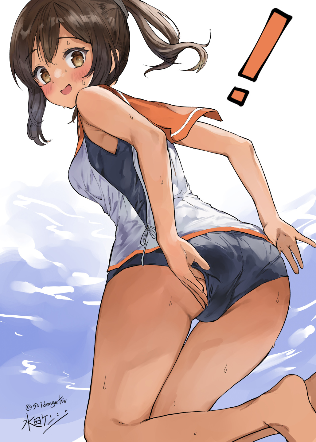 ! 1girl adjusting_clothes adjusting_swimsuit ass barefoot black_one-piece_swimsuit brown_eyes brown_hair highres i-401_(kancolle) kantai_collection long_hair looking_at_viewer looking_back mizuta_kenji one-piece_swimsuit orange_sailor_collar ponytail sailor_collar school_swimsuit shirt side-tie_shirt signature sleeveless sleeveless_shirt solo sweat swimsuit swimsuit_under_clothes tan