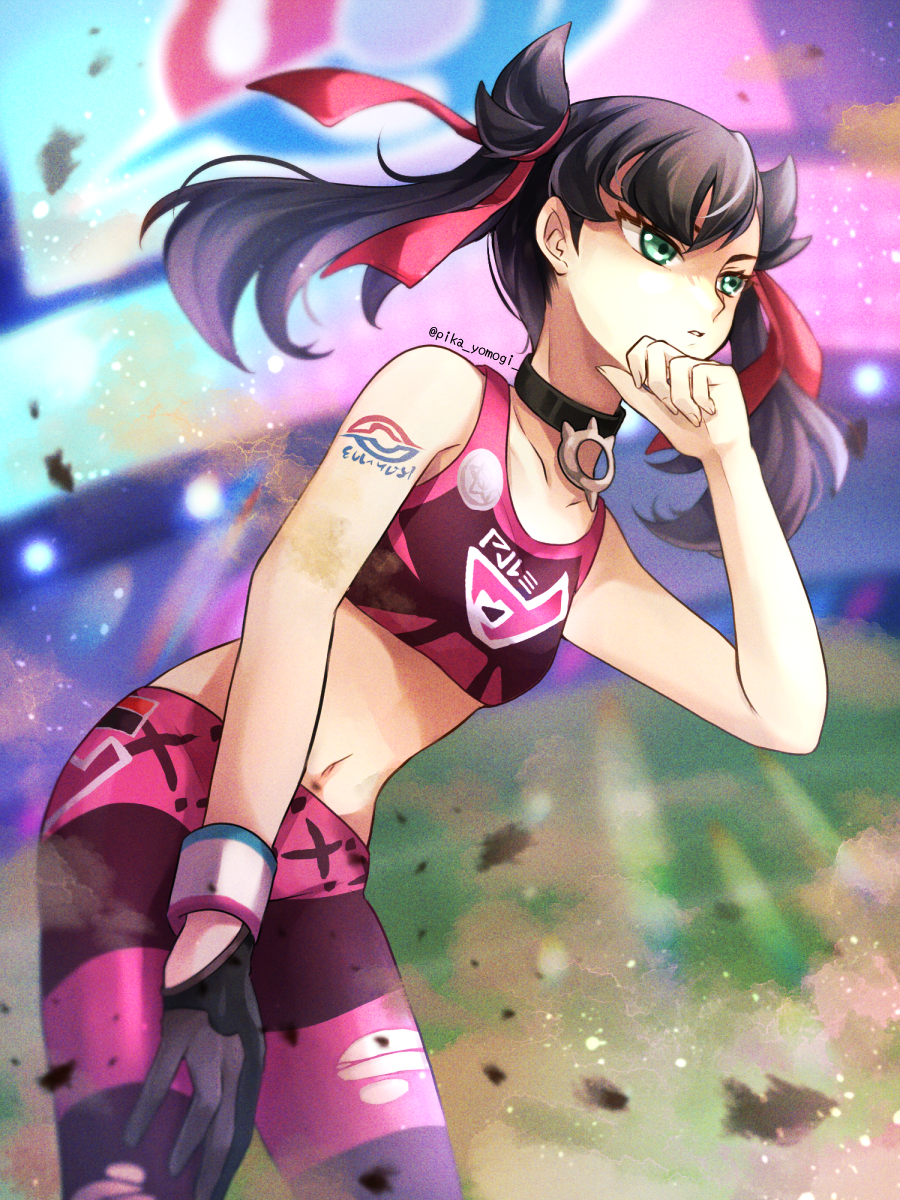 1girl arm_tattoo black_choker black_hair breasts choker collarbone crop_top dynamax_band floating_hair gloves green_eyes hair_ribbon highres leaning_forward long_hair marnie_(pokemon) midriff navel pants parted_lips pokemon pokemon_(game) pokemon_swsh ribbon single_glove small_breasts sports_bra stadium stomach tattoo torn_clothes torn_pants twintails yomogi_(black-elf)