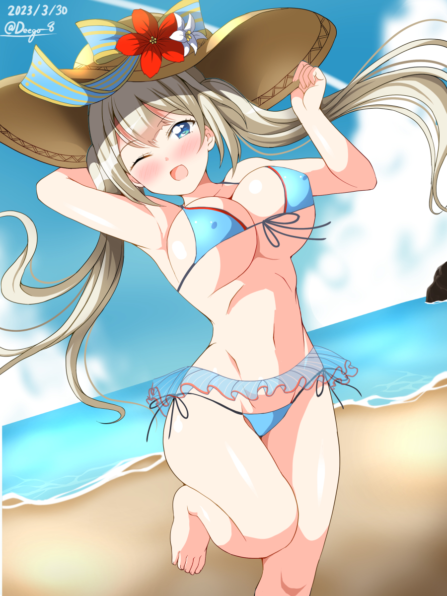 1girl :d barefoot blue_eyes blue_sky blush breasts cloud dated deego_(omochi_bazooka) fate/grand_order fate_(series) feet flower hat hat_flower hibiscus highres horizon large_breasts light_brown_hair looking_at_viewer marie_antoinette_(fate) marie_antoinette_(swimsuit_caster)_(fate) navel one_eye_closed open_mouth outdoors red_flower signature sky smile solo standing standing_on_one_leg stomach sun_hat toes twintails underboob