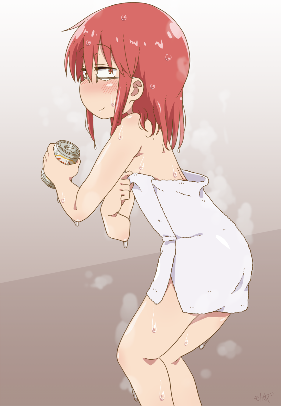 1girl bare_shoulders blush brown_eyes drink flat_chest from_side glasses gradient_background highres holding holding_drink kobayashi-san_chi_no_maidragon kobayashi_(maidragon) motokazu_(dontokodon) naked_towel official_style parody pink_hair ponytail steaming_body style_parody towel water_drop white_background