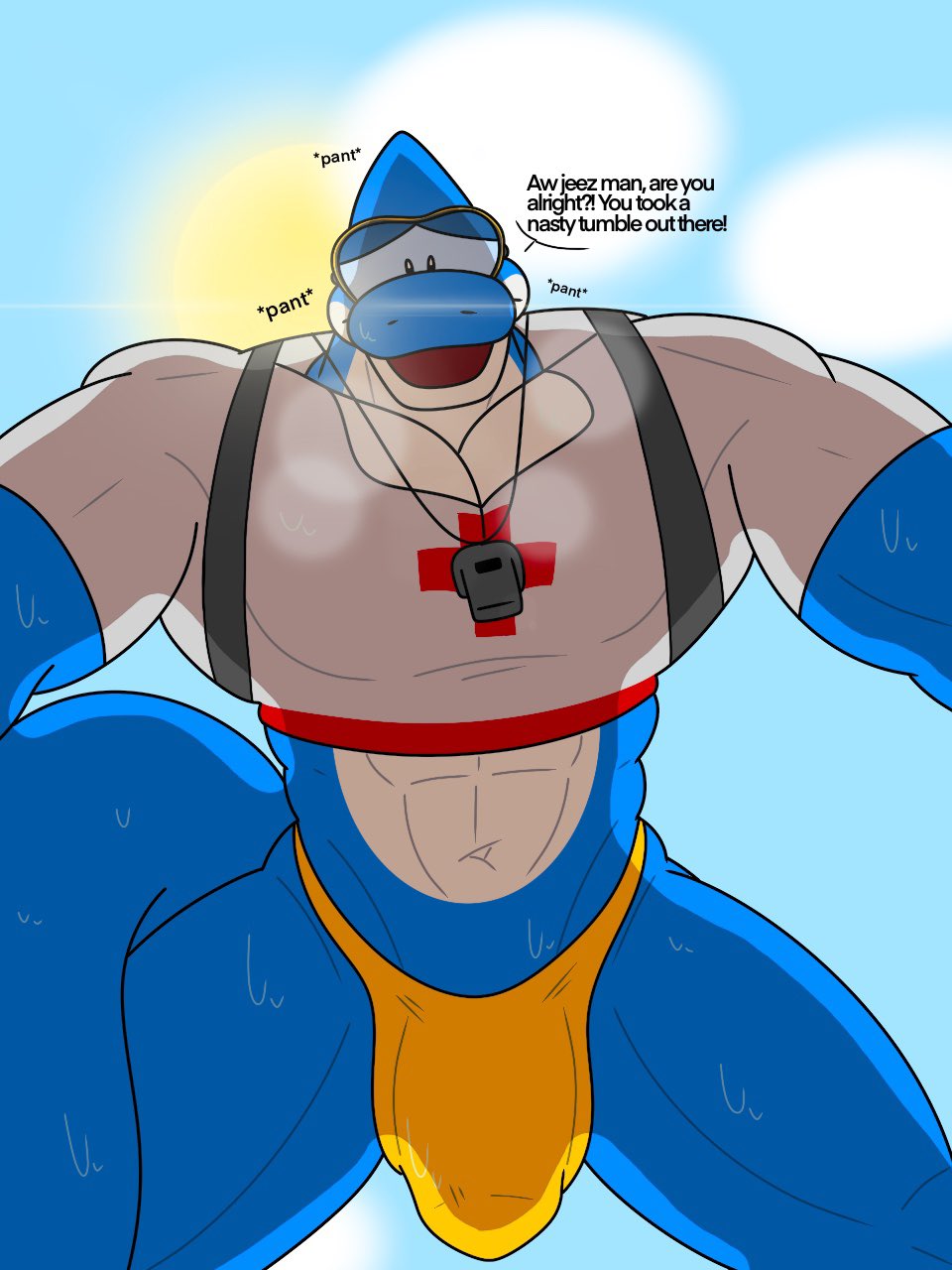 2023 abs anthro arms_out blue_body blue_skin bodily_fluids breath bulge clothed clothing cloud crop_top dialogue english_text exclamation_point first_person_view front_view genital_outline hi_res kelsdungeon lifeguard lifeguard_swimsuit looking_at_viewer male midriff multicolored_body multicolored_skin muscular muscular_anthro muscular_male navel open_mouth panting penis_outline question_mark shirt skimpy skimpy_bottomwear solo sweat tail tankini text tight_clothing topwear tuck_(kelsdungeon) two_tone_body two_tone_skin underwear whistle_(object) whistle_around_neck white_body white_skin worried yellow_clothing yellow_underwear