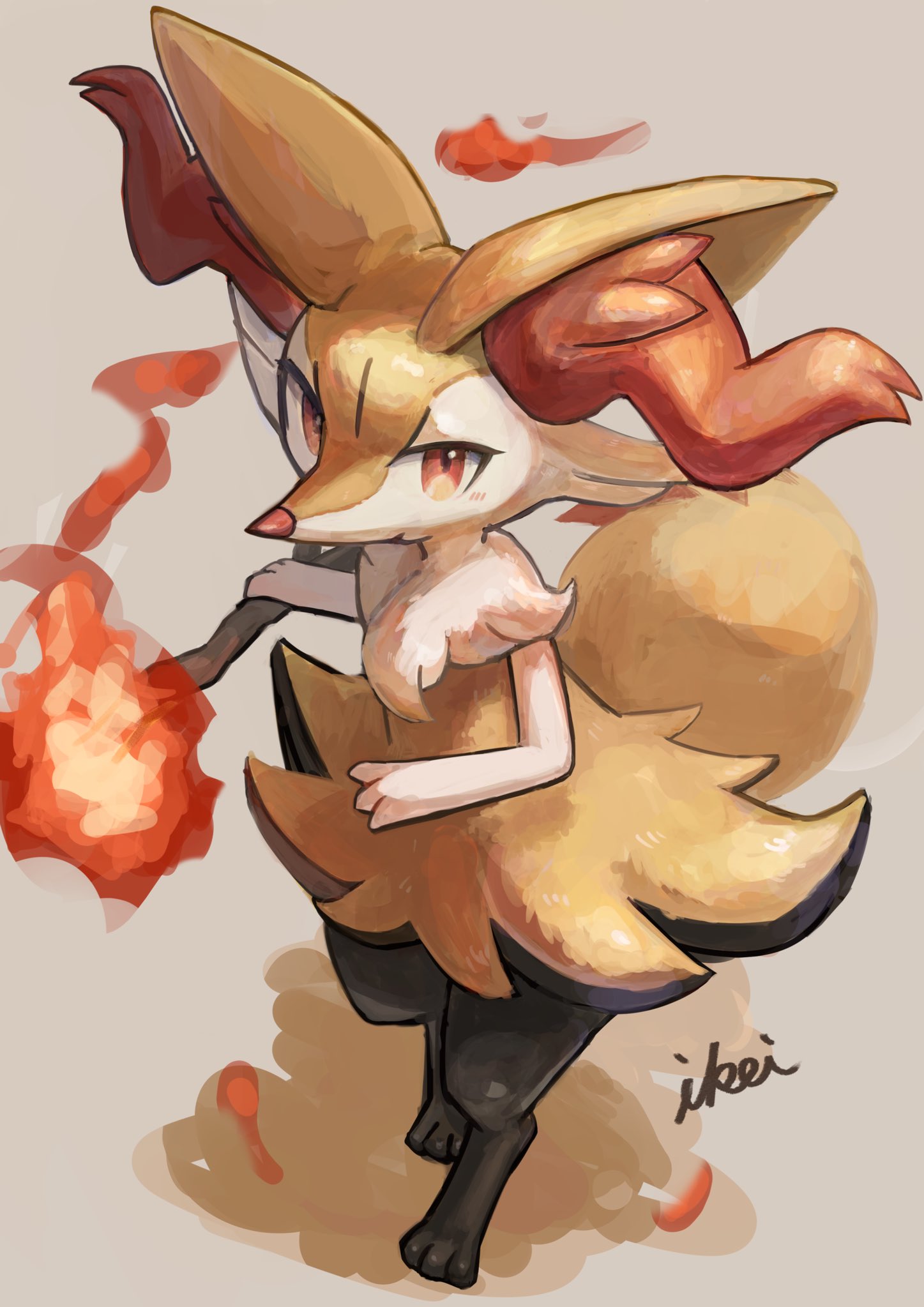 1girl animal_ear_fluff animal_ears animal_feet animal_hands animal_nose artist_name black_fur blush body_fur braixen closed_mouth commentary fire flat_chest fox_ears fox_girl fox_tail full_body furry furry_female grey_background highres holding holding_stick ikei light_blush looking_at_viewer multicolored_fur neck_fur pokemon pokemon_(creature) pyrokinesis red_eyes signature simple_background snout solo standing stick symbol-only_commentary tail white_fur yellow_fur