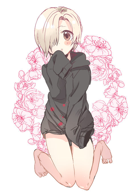 1girl asymmetrical_bangs bare_legs barefoot black_hoodie blonde_hair blush chocho_(homelessfox) floral_background hair_over_one_eye hood hoodie idolmaster idolmaster_cinderella_girls kneeling looking_at_viewer one_eye_covered open_mouth shirasaka_koume short_hair sleeves_past_fingers sleeves_past_wrists solo toes