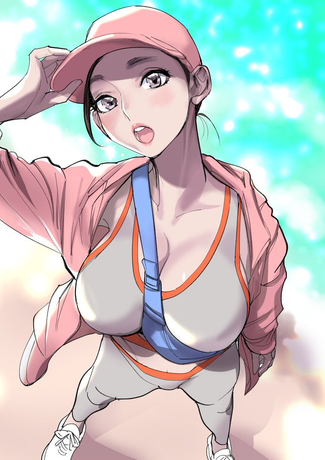 1girl bag black_hair blush breasts cleavage dytm from_above grey_eyes hat midriff open_mouth original short_hair solo sports_bra teeth
