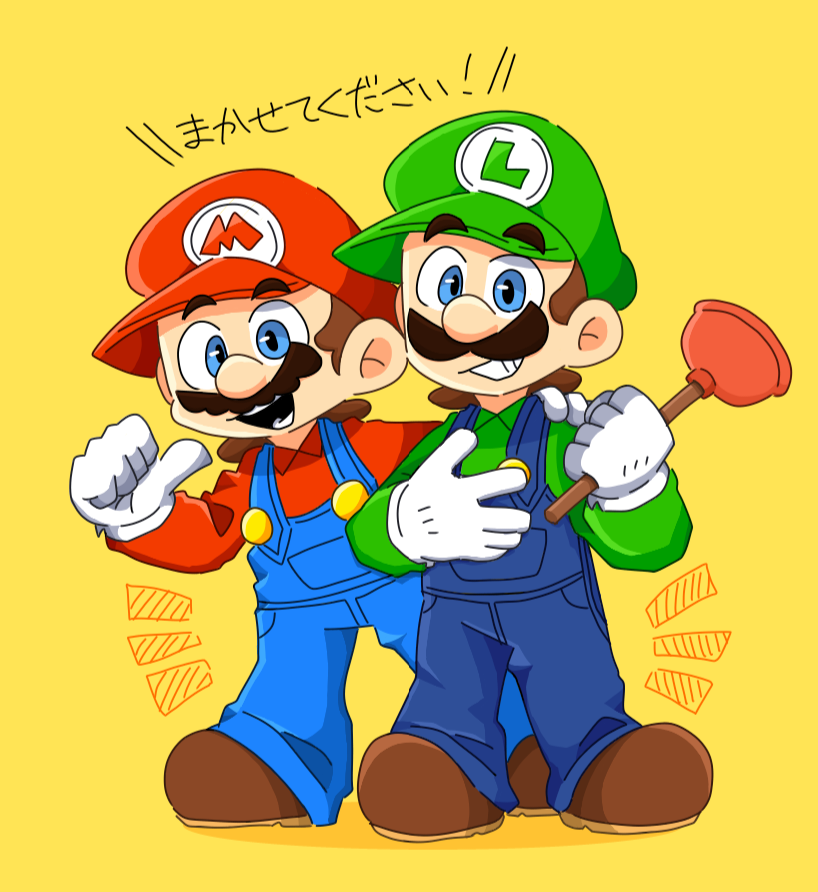 2boys blue_eyes blue_overalls facial_hair gloves green_headwear long_sleeves looking_at_viewer luigi mario mario_(series) multiple_boys mustache overalls red_headwear standing the_super_mario_bros._movie translation_request white_gloves yellow_background yugu7837
