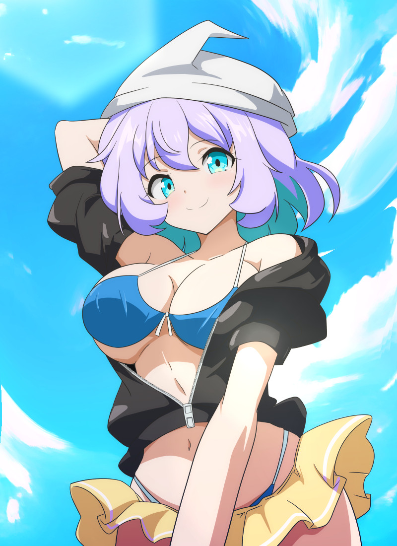 1girl arm_behind_back bikini blue_bikini blue_sky cato_(monocatienus) closed_mouth cloud commentary_request cowboy_shot letty_whiterock light_purple_hair navel outdoors partially_unzipped skirt sky smile solo swimsuit touhou white_headwear yellow_skirt