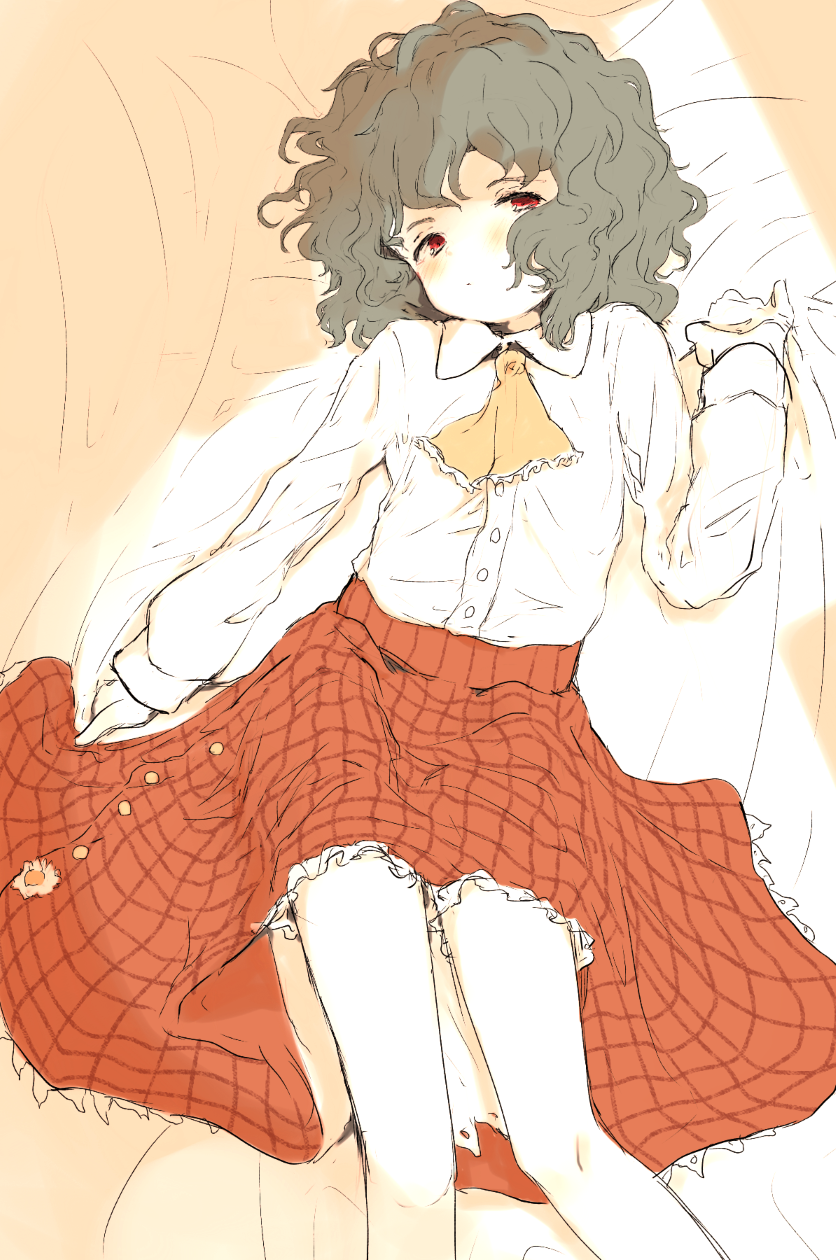 1girl aged_down ascot child feet_out_of_frame female_child green_hair highres kazami_yuuka long_sleeves lying no_vest on_back on_bed plaid plaid_skirt red_eyes red_skirt ripu_(lipi) shirt skirt solo touhou wavy_hair white_shirt yellow_ascot