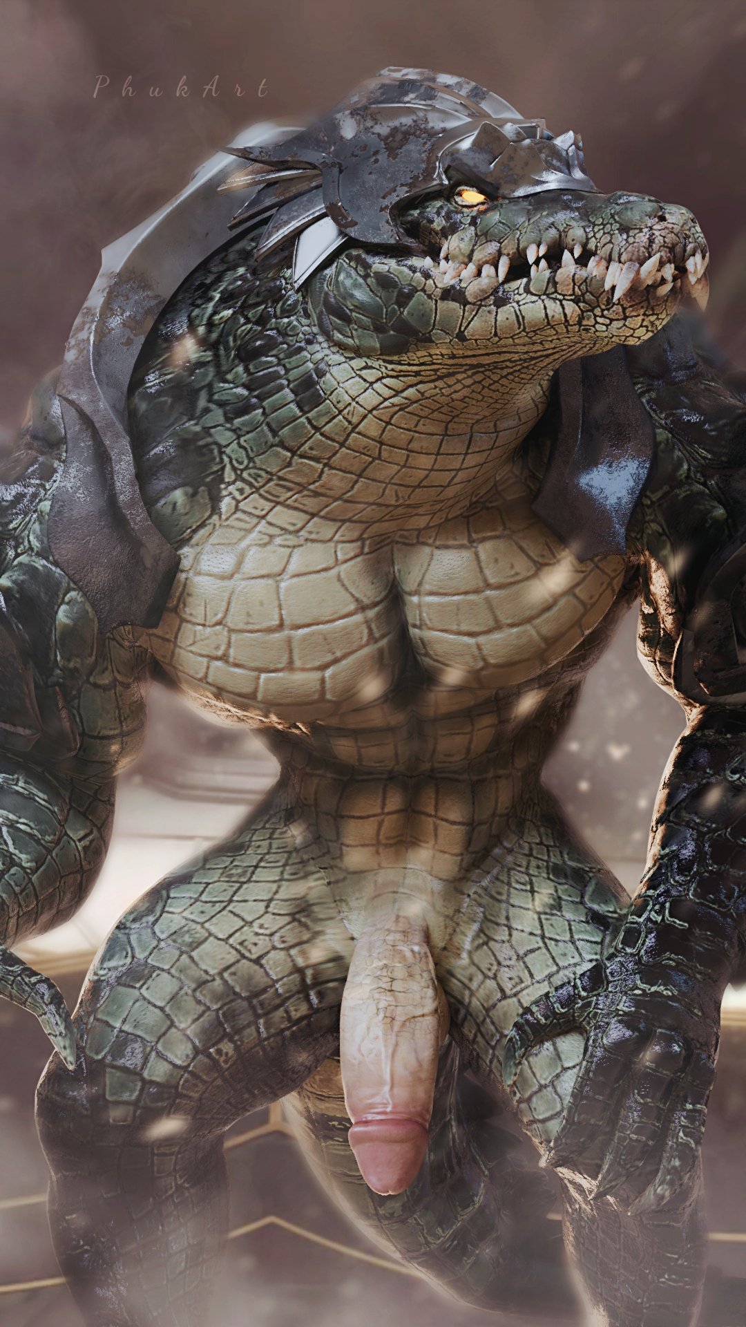 3d_(artwork) abs anthro armor big_penis crocodile crocodilian crocodylid digital_media_(artwork) genitals green_body green_scales headgear helmet hi_res league_of_legends male multicolored_body muscular muscular_anthro muscular_male nude pecs penis phukart renekton reptile riot_games scales scalie sharp_teeth signature solo teeth yellow_body yellow_scales