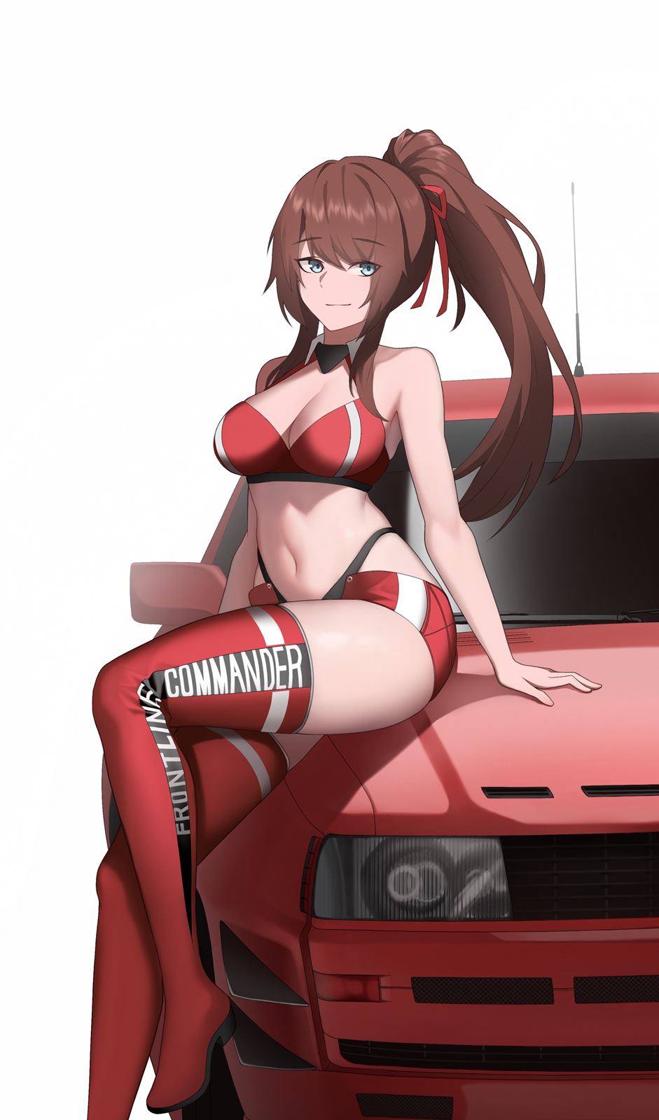 1girl audi_quattro bare_arms bare_shoulders bikini bikini_bottom_only bikini_under_clothes black_bikini blue_eyes boots breasts brown_hair car cero_(last2stage) cleavage cleavage_cutout closed_mouth clothing_cutout collared_shirt commission crop_top english_commentary female_commander_(girls'_frontline) girls'_frontline hair_ribbon highleg highleg_bikini highres large_breasts long_hair looking_at_viewer micro_shorts midriff motor_vehicle navel open_fly original ponytail race_queen red_footwear red_shirt red_shorts red_thighhighs revealing_clothes ribbon shirt shorts sitting sitting_on_car sleeveless sleeveless_shirt smile solo stomach swimsuit termichan_(not-a-bot) thigh_boots thighhighs thighs white_background