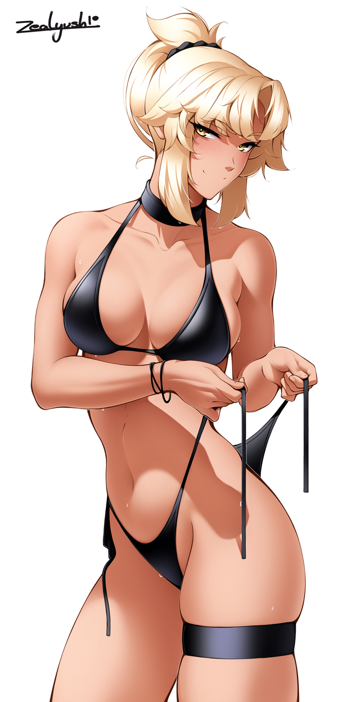 1girl bikini black_bikini black_collar blonde_hair breasts collar english_commentary fate/stay_night fate_(series) highleg highleg_bikini highres medium_breasts mordred_(fate) mordred_(swimsuit_rider)_(fate) navel short_ponytail simple_background solo stomach swimsuit thigh_strap tying untied_bikini white_background yellow_eyes zealyush