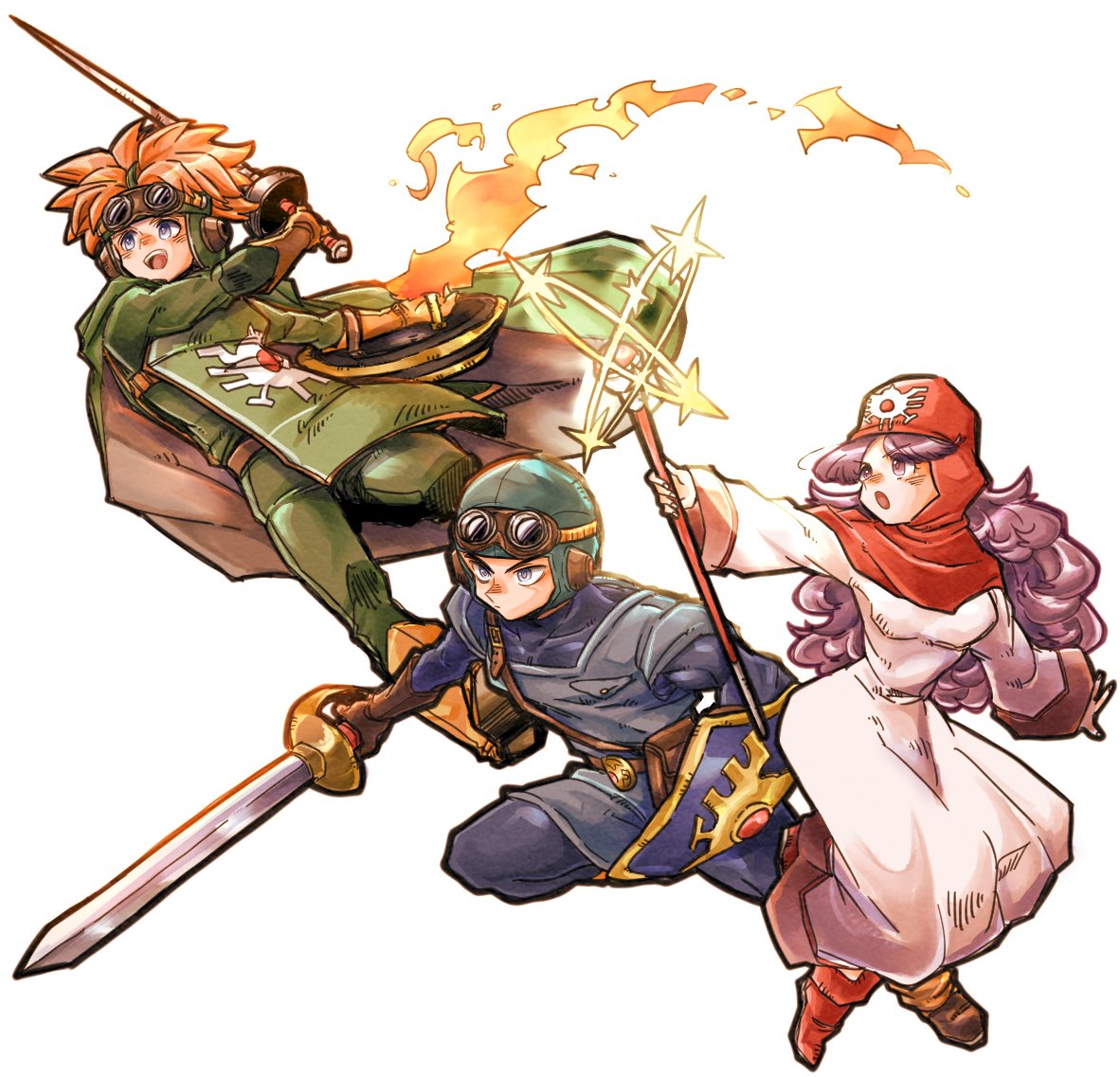 1girl 2boys blue_eyes blue_headwear blue_tunic boots brown_footwear brown_gloves cape closed_mouth commentary_request cousins dragon_quest dragon_quest_ii fighting_stance fire full_body gloves goggles goggles_on_headwear green_cape holding holding_shield holding_staff holding_sword holding_weapon hood long_hair looking_to_the_side magic multiple_boys open_mouth orange_gloves orange_hair piyoko_saito prince prince_of_lorasia prince_of_samantoria princess princess_of_moonbrook purple_eyes purple_hair pyrokinesis red_footwear red_headwear robe shield shirt spiked_hair staff sword weapon white_background white_robe