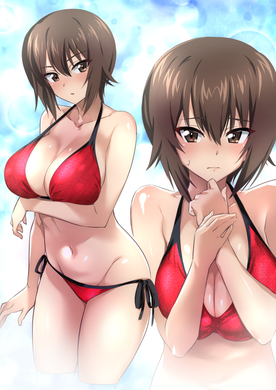 1girl bikini blue_background breasts brown_eyes brown_hair closed_mouth collarbone commentary_request girls_und_panzer hair_between_eyes highres large_breasts looking_at_viewer multiple_views nakahira_guy navel nishizumi_maho red_bikini swimsuit thighs