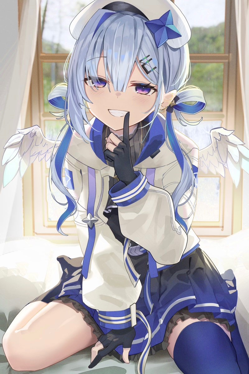 1girl amane_kanata amane_kanata_(3rd_costume) angel angel_wings asymmetrical_legwear beret blue_hair colored_inner_hair finger_to_mouth gloves grey_hair grin hair_ornament hair_rings hairclip hat hololive hopepe jacket long_hair looking_at_viewer mismatched_legwear multicolored_hair partially_fingerless_gloves purple_eyes single_thighhigh sitting skirt smile solo thighhighs virtual_youtuber wariza wings zettai_ryouiki