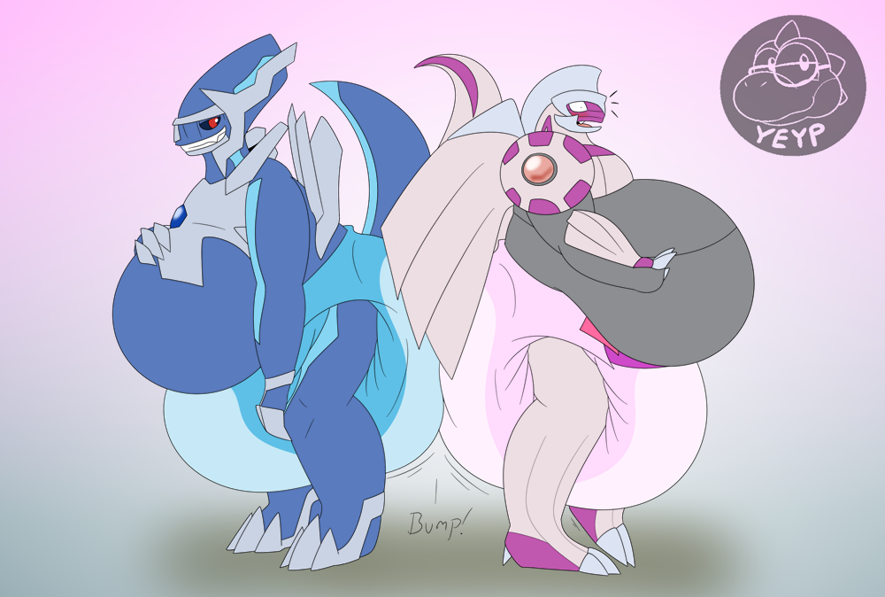 anthro dialga diaper dragon duo generation_4_pokemon legendary_pokemon male male/male musclegut nintendo overweight palkia playful pokemon pokemon_(species) shocked_eyes suprised_eyes yoshi-eats-your-pie