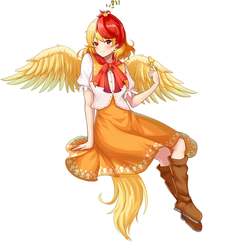 1girl animal animal_on_head bird bird_on_hand bird_on_head bird_tail bird_wings blonde_hair blush boots brown_footwear buttons chick closed_mouth dress feathered_wings full_body knee_boots ldschem16 multicolored_hair niwatari_kutaka on_head orange_dress red_eyes red_hair shirt short_hair short_sleeves smile solo tail touhou transparent_background two-tone_hair white_shirt wings yellow_wings