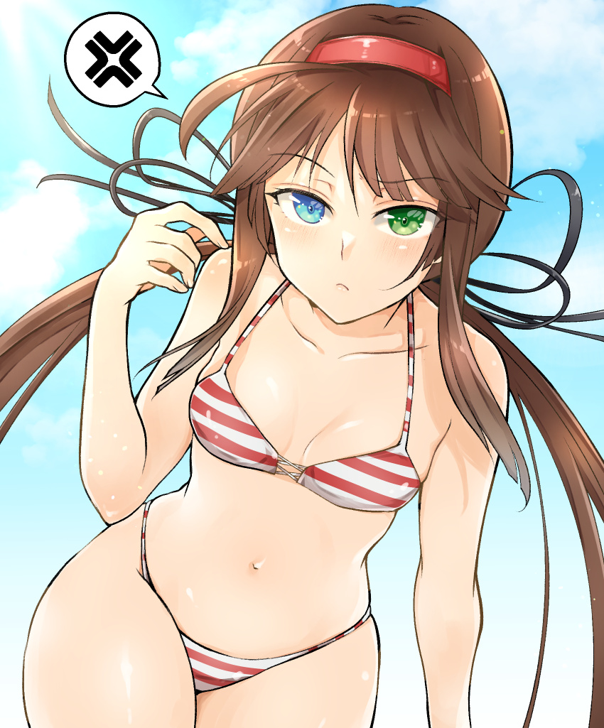 1girl ahoge anger_vein angry bikini black_ribbon blue_eyes blue_sky blush breasts brown_hair cleavage cloud collarbone commentary_request cross-laced_bikini cross-laced_clothes day frown green_eyes groin hair_ribbon hairband heterochromia kinako_(mzknk0) long_hair looking_at_viewer low_twintails outdoors partial_commentary red_bikini red_hairband red_stripes ribbon ryoubi_(senran_kagura) senran_kagura senran_kagura_shinovi_versus sidelocks sky small_breasts solo spoken_anger_vein standing striped striped_bikini swimsuit twintails very_long_hair white_bikini wide_hips