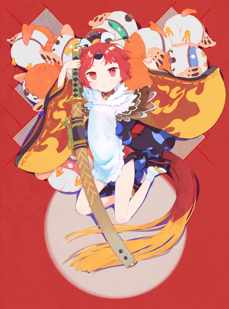 1girl absurdly_long_hair apron benienma_(fate) bird bird_hat blonde_hair chestnut_mouth colored_tips commentary_request fate/grand_order fate_(series) feet_up grey_background hands_up holding holding_sword holding_weapon japanese_clothes kappougi kimono long_hair looking_at_viewer machico_maki multicolored_hair okobo open_mouth red_background red_eyes red_hair red_kimono shadow sheath sheathed short_kimono socks solo sparrow sword tachi_(weapon) two-tone_background two-tone_kimono very_long_hair weapon white_socks wide_sleeves yellow_kimono