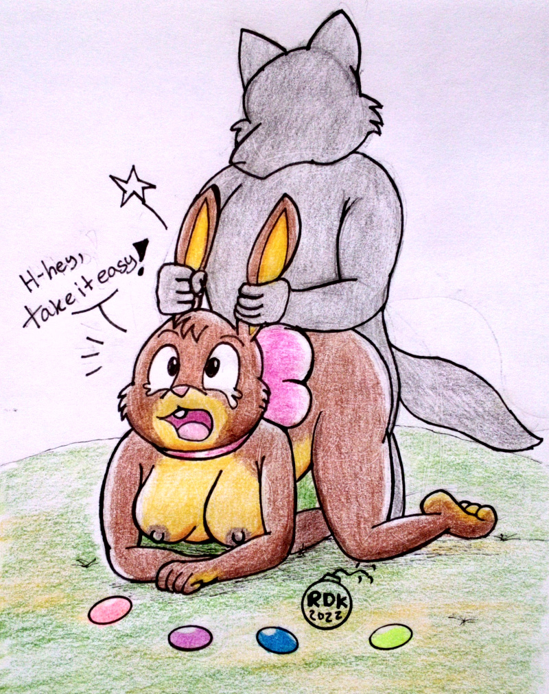 anthro bodily_fluids bow_accessory bow_ribbon breasts cadbury cadbury_bunny canid canine dialogue doggystyle duo easter easter_egg female from_behind_position holidays lagomorph leporid male male/female mammal mascot nipples open_mouth outside pink_nose rabbit reddragonkan sex tears traditional_media_(artwork)